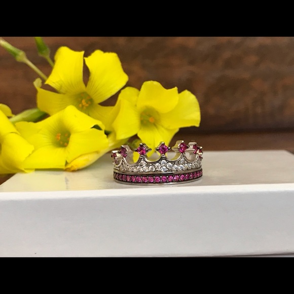 Jewelry - Silver crown tiara ring , ruby color crown ring